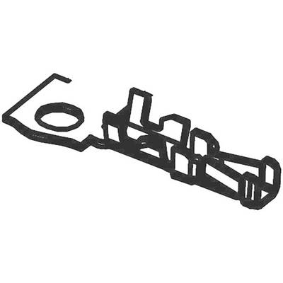 Een zwarte lijntekening toont een complex, industrieel uitziend mechanisch onderdeel met een cirkelvormige en meerdere rechthoekige uitsparingen.