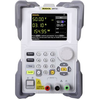 Digitale voeding in meetmodus toont spanning '50,00 V', stroom '3,10 A', en vermogen '154,95 W'. Toetsenblok onder het display.