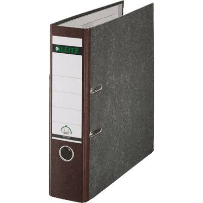 Een grijze ordner staat rechtop. Op het etiket staat 'Leitz'. De ordner heeft twee ringen voor het bevestigen van documenten.