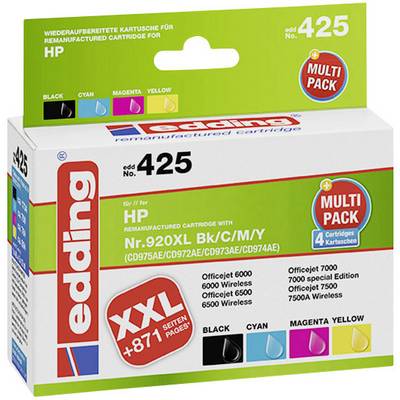 'edding' patronen voor HP Nr. 920XL in zwart, cyaan, magenta, geel. Multipack met 4 patronen voor verschillende Officejet-modellen.