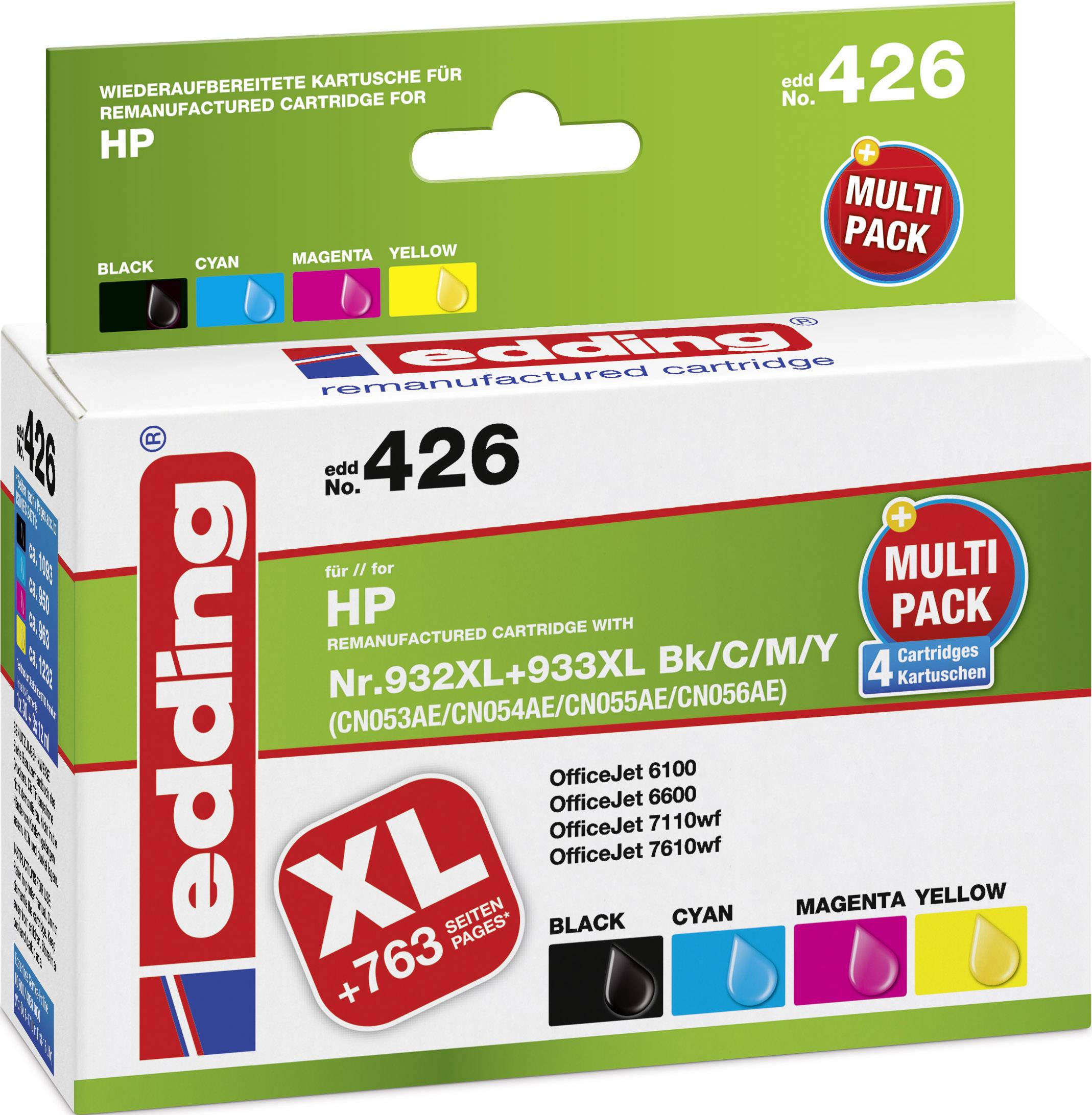 Edding Inktcartridge vervangt HP 932XL+933XL Multipack 4 Compatibel Combipack Zwart, Cyaan, Magenta, Geel EDD-426 18-426