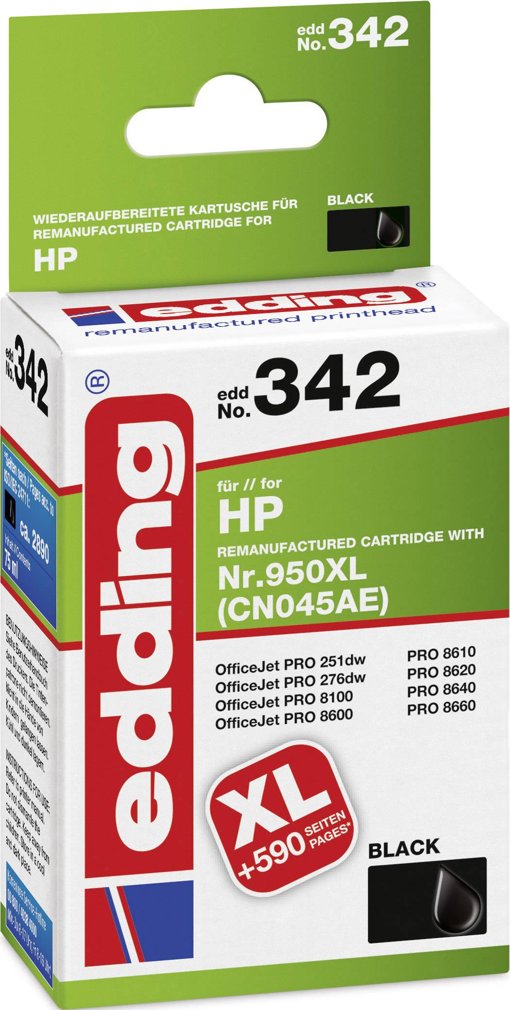 Verpakking van een gerecyclede HP-inktcartridge van edding, compatibel met HP OfficeJet Pro-printers, zwart, XL-formaat.