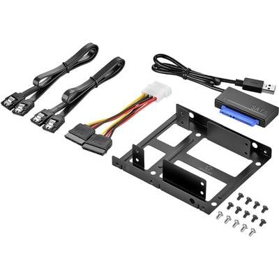 Pc-accessoireset met SATA-kabels, USB-kabel, adapter, stationslade en schroeven voor het installeren van een harde schijf.