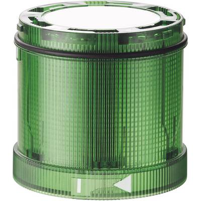 Groene cilindrische kunststof container met transparante ribben. Hij heeft witte markeringen en een pijl aan de zijkant.