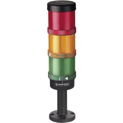 Verkeerslicht met drie lampen: Rood bovenaan, Oranje in het midden en Groen onderaan, gemonteerd op een voet.