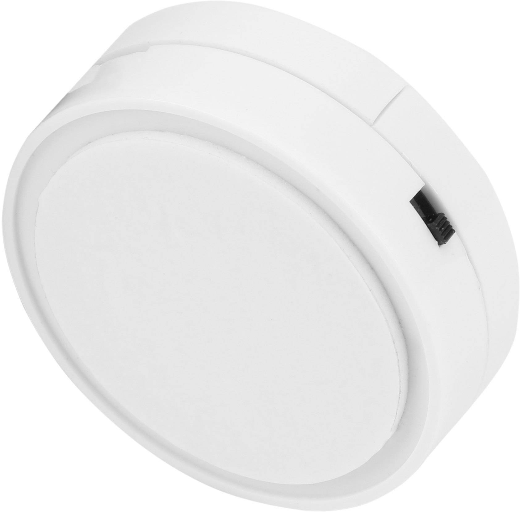 Een witte, ronde rookmelder met een aan- en uitschakelaar aan de zijkant.