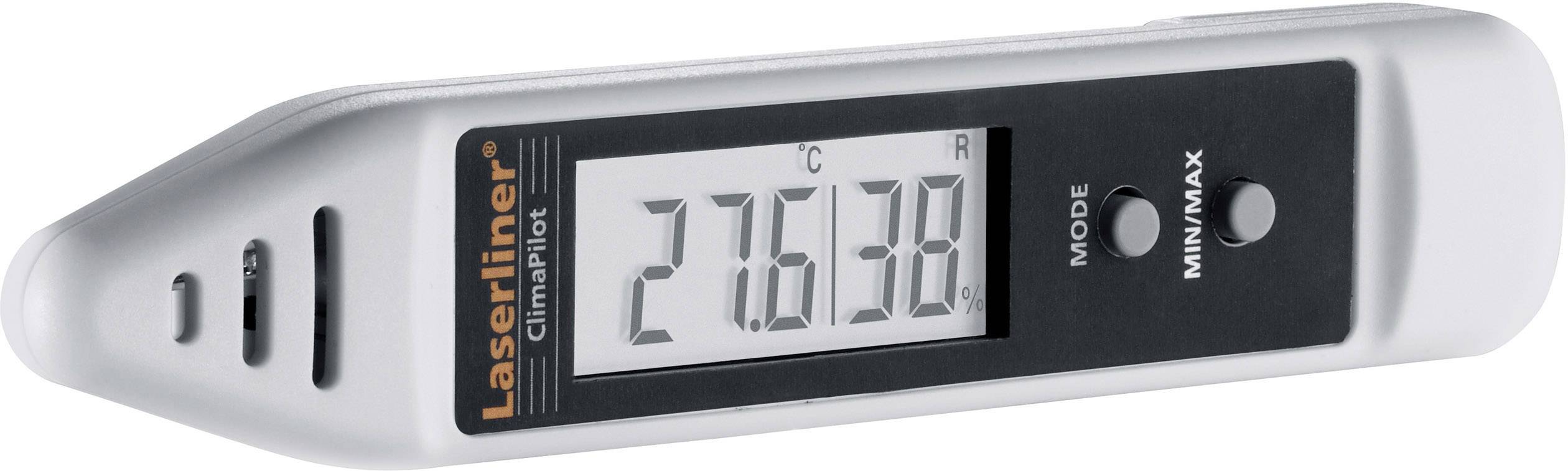 Digitale thermometer met weergave van 27,6 graden Celsius, twee knoppen voor 'Modus' en 'Min/Max', gemarkeerd met 'Laserliner ClimaPilot'.