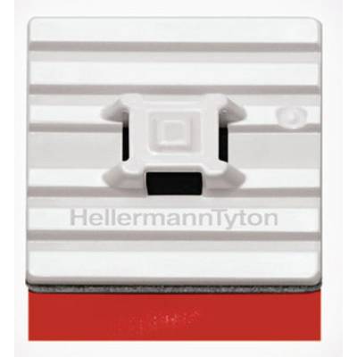Een witte kabelhouder met het opschrift 'HellermannTyton' op een rood-witte ondergrond.