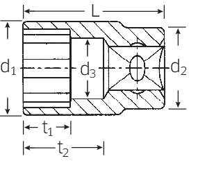 Technische tekening van een cilindrisch onderdeel met doorsneden en afmetingen: lengte (L), diameter (d1, d2, d3), dikte (t1, t2).