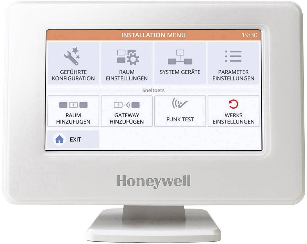 Een Honeywell-thermostaat toont het 'Installatiemenu' met opties zoals 'Begeleide configuratie', 'Ruimte-instellingen' en 'Draadloze test'.
