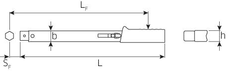 Technische tekening van een langwerpig mechanisch onderdeel met gemarkeerde lengtes 'LF' en 'L'. Rechter sectie toont een zijaanzicht.