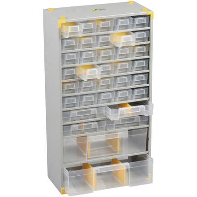 Een grijze kast met zesentwintig doorzichtige laden in verschillende formaten, ideaal voor het opbergen van kleinere voorwerpen.