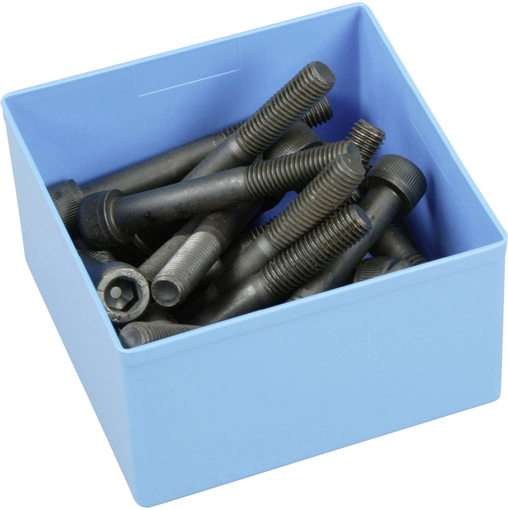 'Een blauwe container vol metalen bouten.'