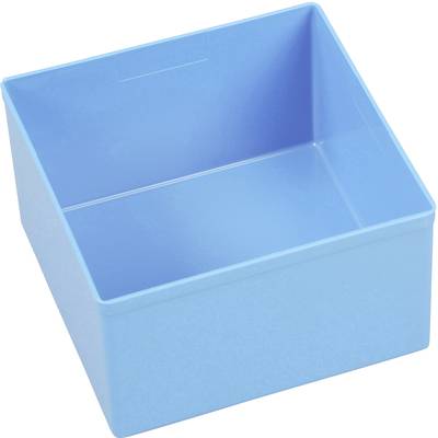 Een blauwe kunststof container met een vierkante vorm en lage rand, geschikt voor het opbergen van kleinere voorwerpen.