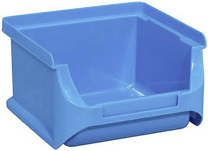 Een rechthoekige blauwe kunststof container met een open voorkant, geschikt voor het opslaan van kleine onderdelen.
