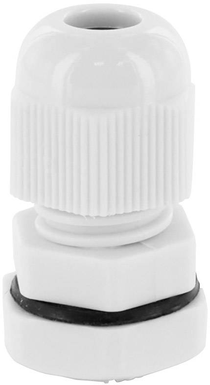 Witte kunststof kabelwartel, cilindrisch met geribbelde behuizing, voor veilige bevestiging en afdichting van kabels.