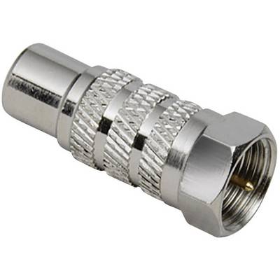 Een zilveren coaxialadapter met ribbels voor een stevige grip, typisch gebruikt voor het verbinden van kabels in TV- en antennesystemen.