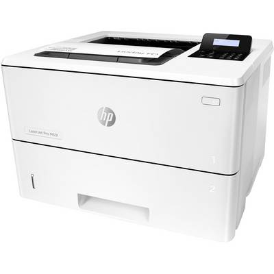 Een witte HP LaserJet Pro M501 printer met twee papillades en een klein display rechtsboven.
