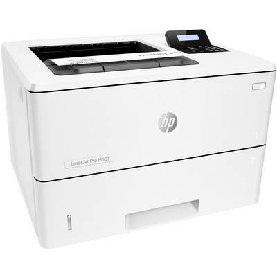 Witte printer 'LaserJet Pro M501' met zwart bedieningspaneel rechtsboven. Hoofdlade geopend, papier zichtbaar.