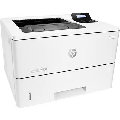 Een witte HP LaserJet Pro M501 printer met een digitaal display, geschikt voor kantoorgebruik.