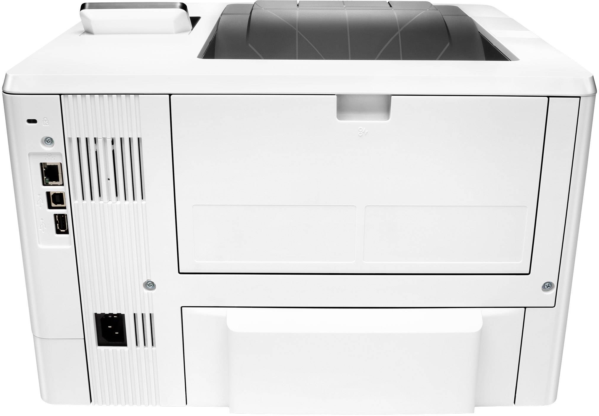 Een witte laserprinter met een zwarte papierlade en meerdere aansluitingsmogelijkheden aan de zijkant. Achteraanzicht van het apparaat.