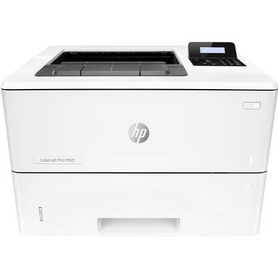 Een witte HP laserprinter, model LaserJet Pro M501, met bedieningspaneel en display rechtsboven.