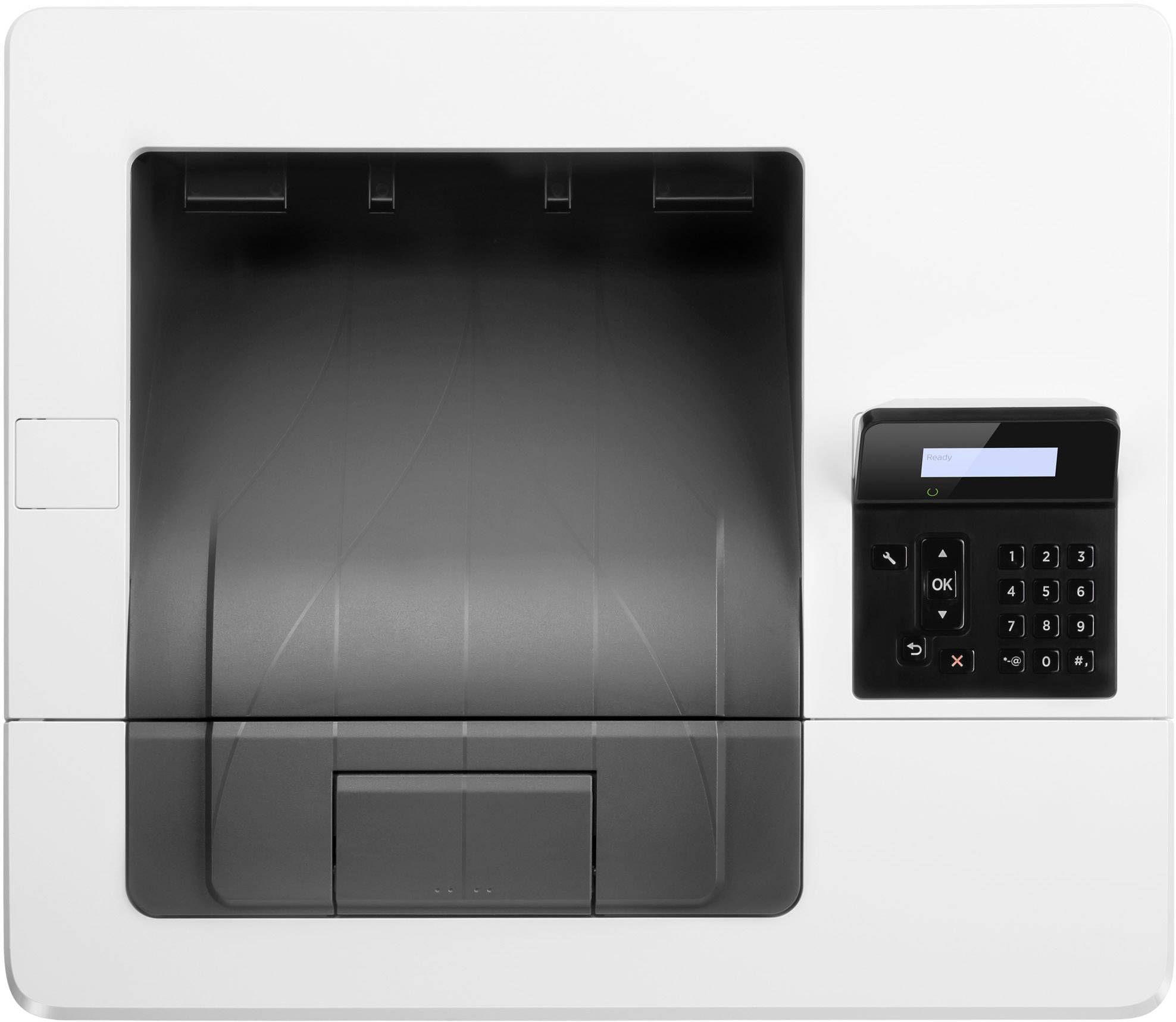 Een printer met een papieruitvoerlade en een digitaal bedieningspaneel met toetsenbord en een klein scherm bevindt zich in het midden van de afbeelding.