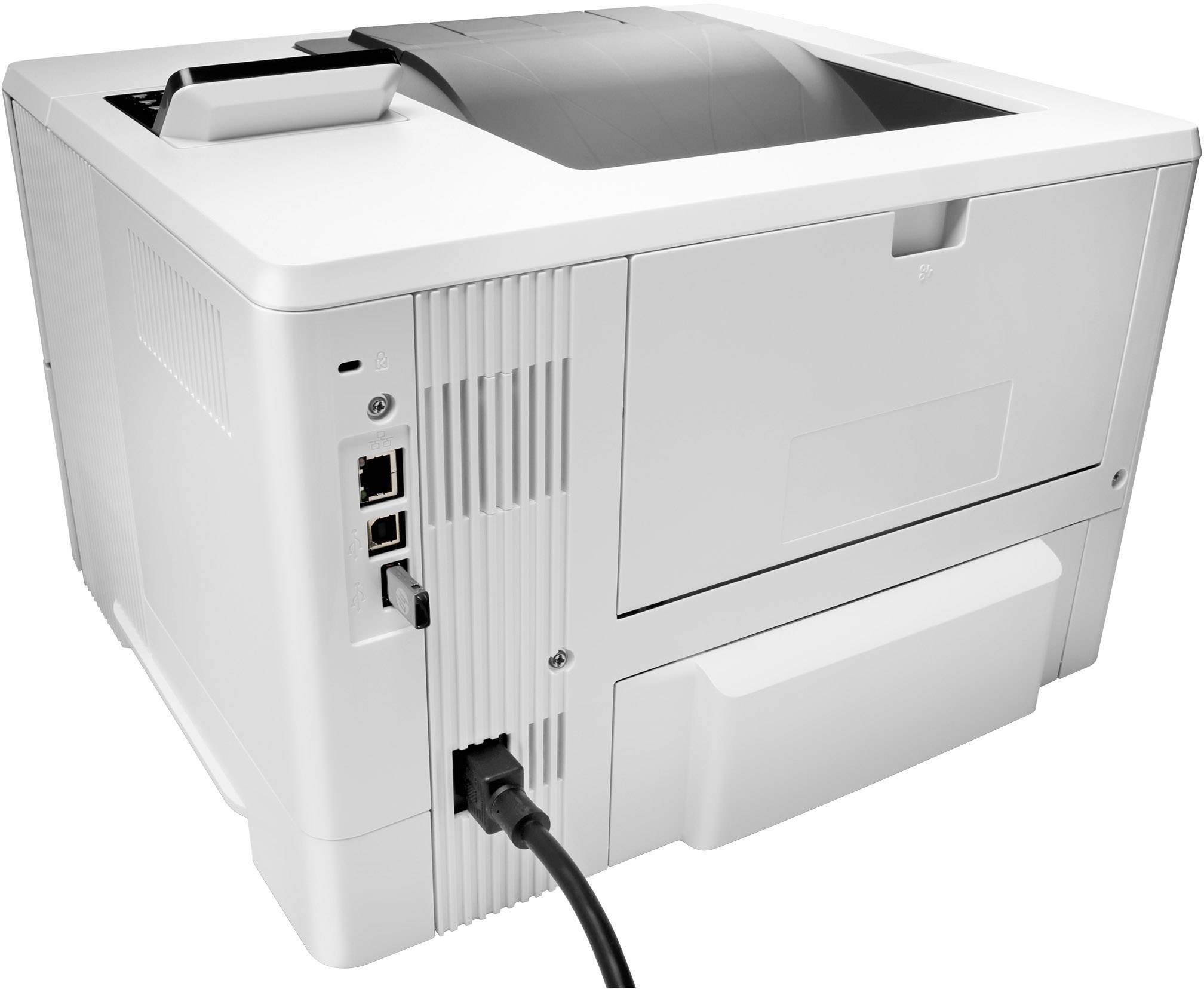 Een witte printer met een USB-aansluiting en een netwerkkabel is afgebeeld, met zicht op de achterkant van het apparaat.