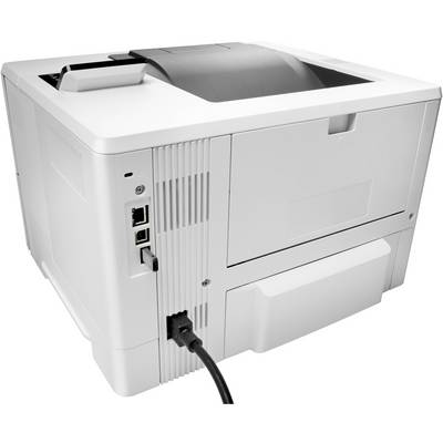 Een witte printer met een USB-aansluiting en een netwerkkabel is afgebeeld, met zicht op de achterkant van het apparaat.