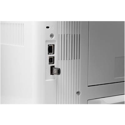 Achteraanzicht van een witte printer met zichtbare netwerk- en USB-aansluitingen. Een USB-stick is in de USB-poort gestoken.
