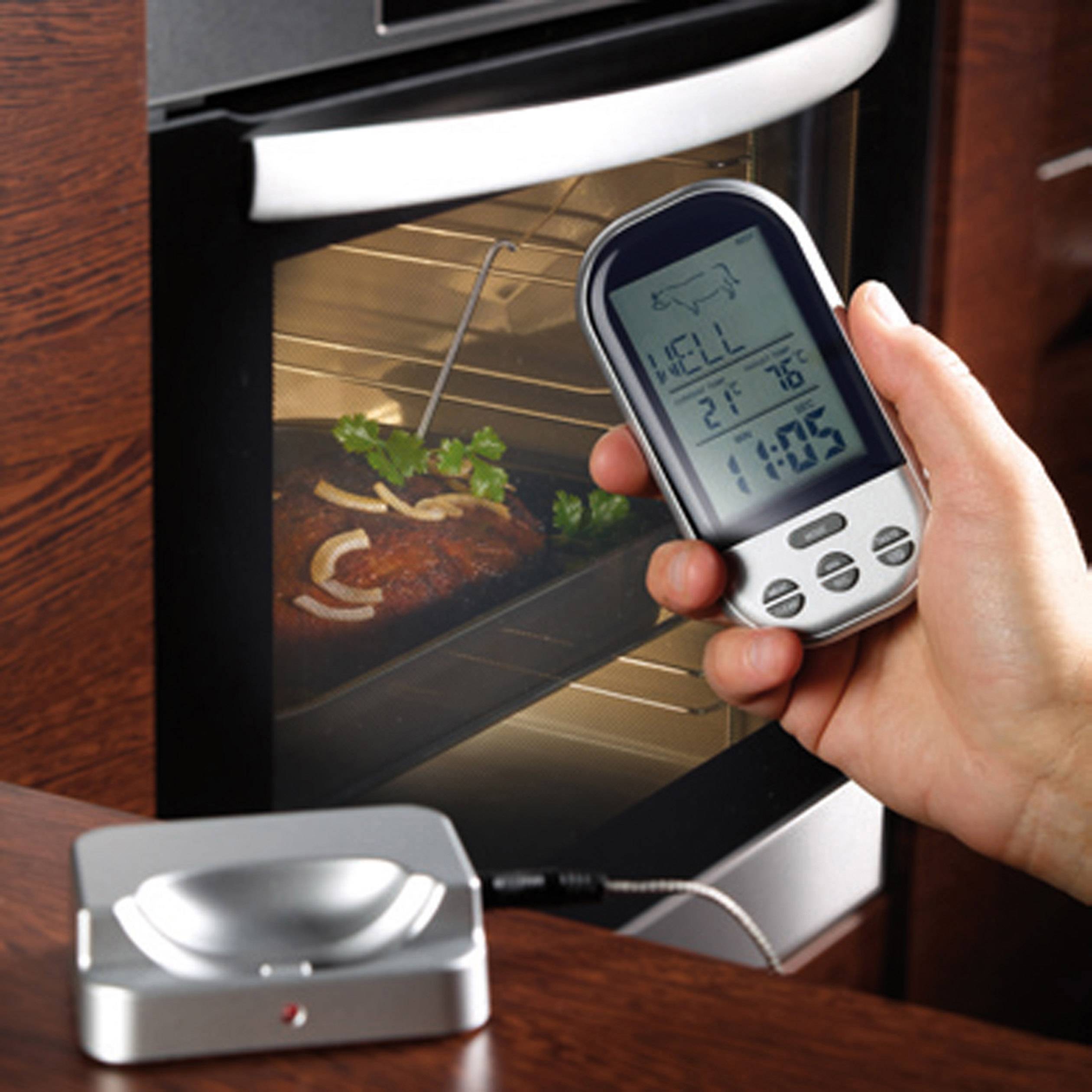 Een hand houdt een digitale vleesthermometer voor een oven. In de oven bevindt zich een braadstuk met kruiden en uien.