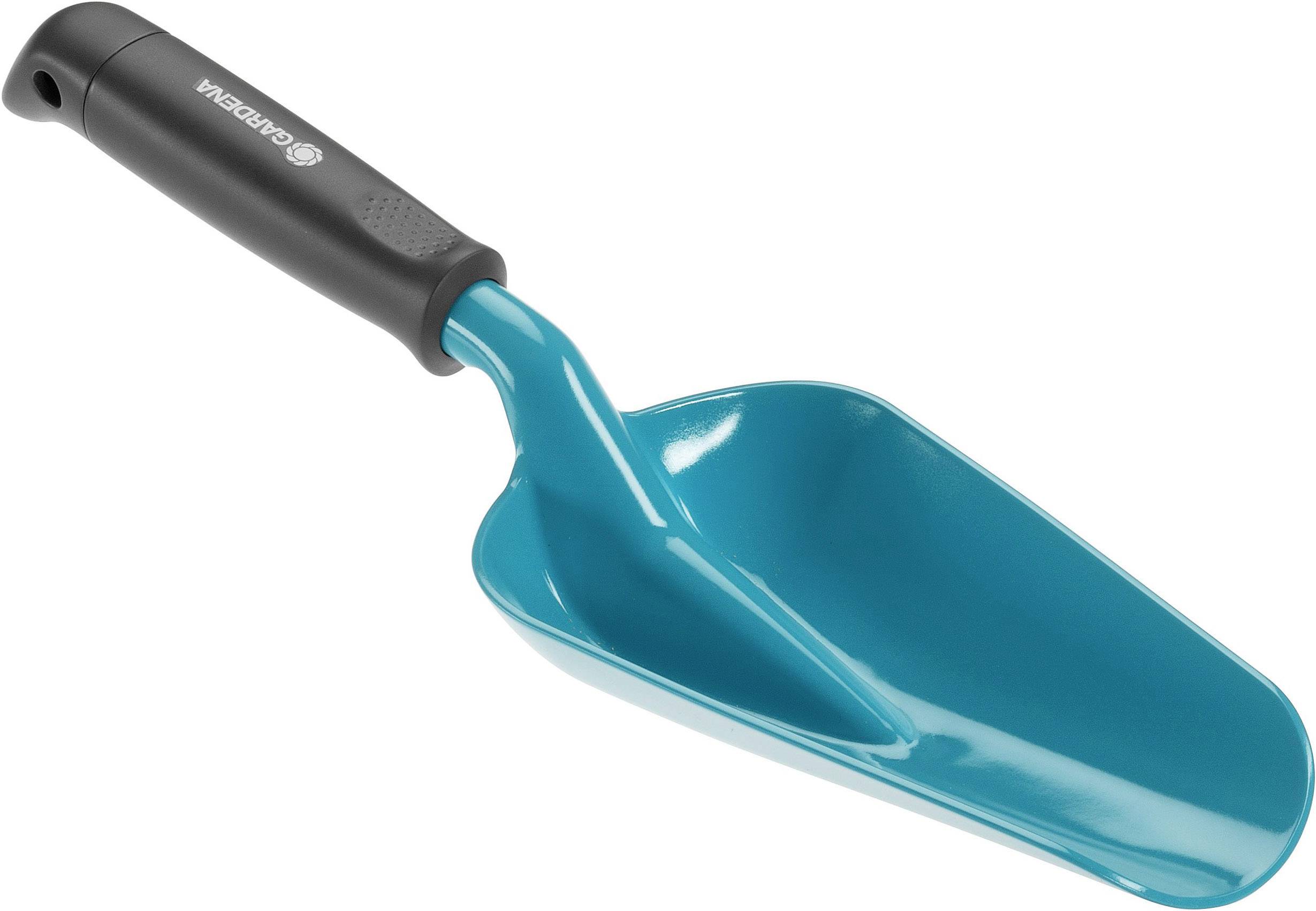 Een blauwe, ergonomische handschep van kunststof met een zwarte handgreep, geschikt voor tuinwerkzaamheden zoals planten en grond verplaatsen.