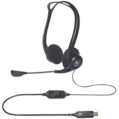 Zwart USB-headset met oordopjes en microfoonarm, geschikt voor computeractiviteiten zoals videovergaderingen of spraakoproepen. Bevat bedieningselementen voor volume en dempen aan de kabel.