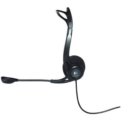 Zwart bedraad headset met verstelbare microfoonarm en oorschelp, geschikt voor computer- of VoIP-toepassingen.
