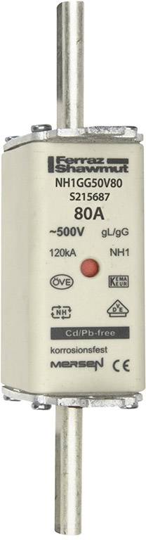 'NH1 Smeltveiligheid' van SIBA, type NH1GG50V80, 80A, 500V. Bevat symbolen voor spanning, stroomsterkte en veiligheidsklasse.