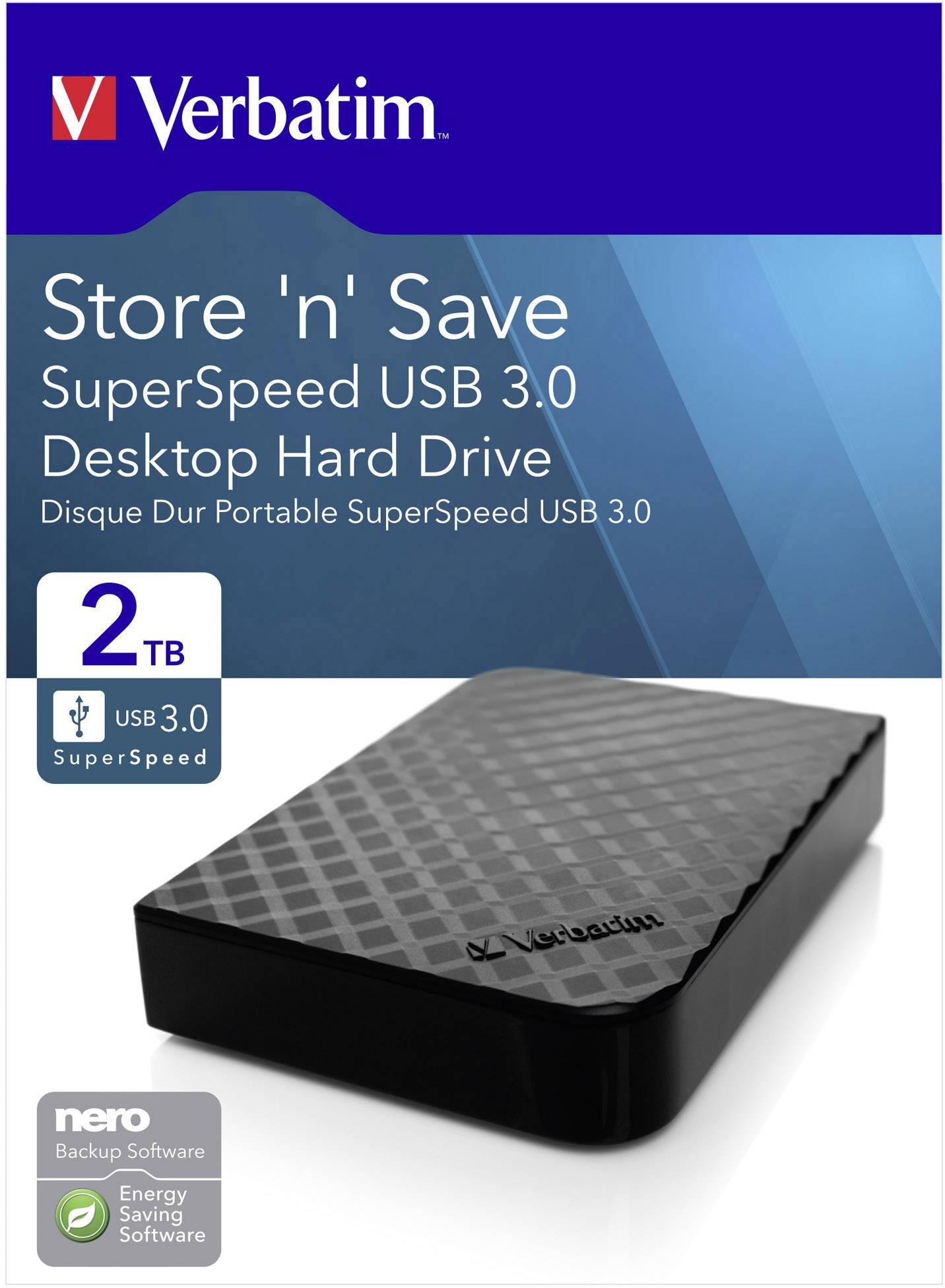 Externe harde schijf 'Verbatim Store 'n' Save', USB 3.0, 2 TB. Verpakking toont productafbeelding en hoogtepunten zoals energiebesparende software.