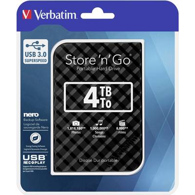 Externe harde schijf 'Store 'n' Go' van Verbatim met 4 TB opslagruimte. Verpakking toont USB 3.0-compatibiliteit en Nero-back-upsoftware.