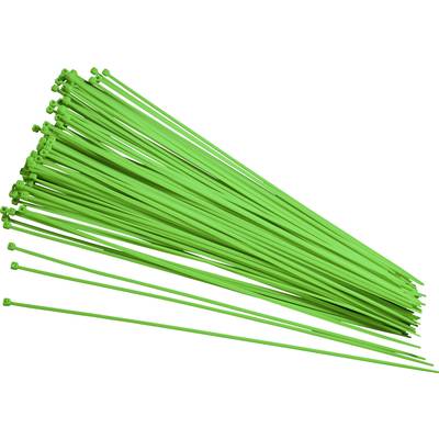 Een bundel groene kabelbinders, netjes naast elkaar gerangschikt.