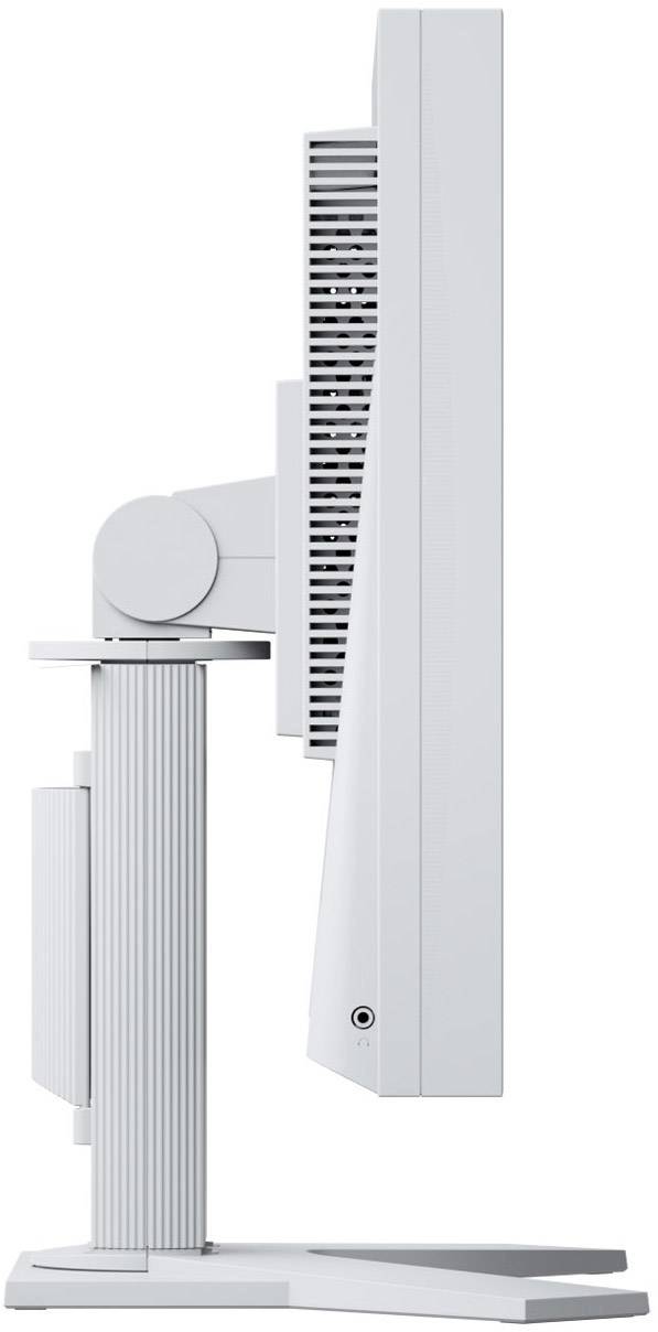 Zijaanzicht van een moderne, grijze computermonitor met een geprofileerde voet en ventilatiesleuven aan de achterkant.