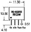 'RO-0505S RECOM' Spanningsregelaar, afmetingen: 11,50 mm breedte, 10,00 mm hoogte, 4,10 mm diepte. Pinbezetting: -Vin, +Vin, -Vout, +Vout.
