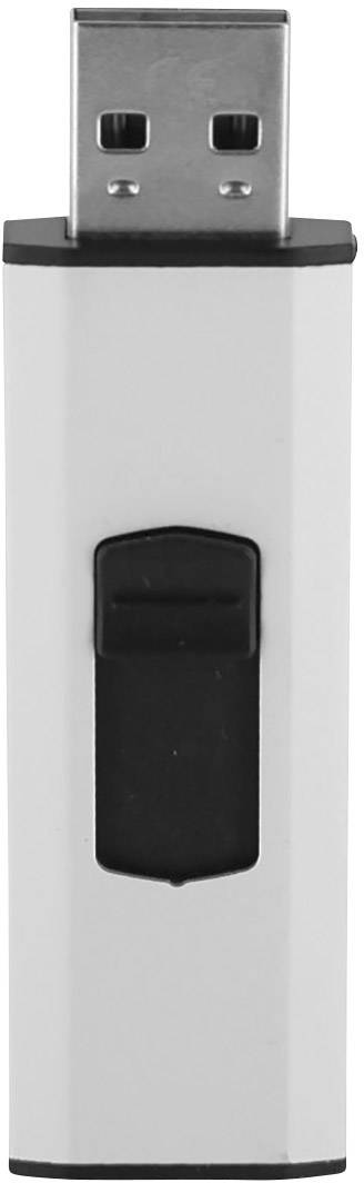 Een zilveren USB-stick met een zwarte schuifschakelaar is afgebeeld. De stekker is zichtbaar, terwijl de behuizing strak en eenvoudig is vormgegeven.