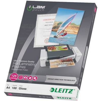Verpakking van Leitz lamineerhoes, geschikt voor A4-documenten tot 125 micron dikte. Bevat 100 glanzende hoezen.