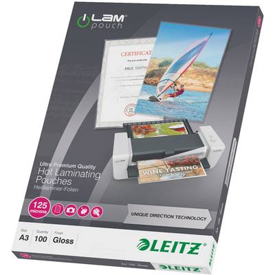 Verpakking voor lamineringsfolies van Leitz. Toont een lamineermachine met een doorlopend vel. Opschrift: 'Ultra Premium Kwaliteit'.