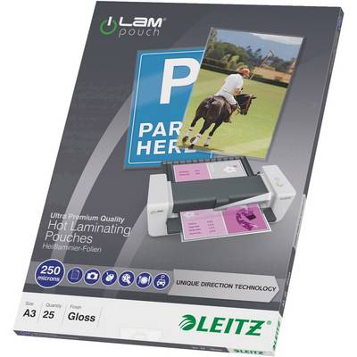 Leitz lamineerhoes verpakking, toont een lamineerapparaat met een gelamineerd document, afbeelding van een polospeler en een 'P Parking'-bord.