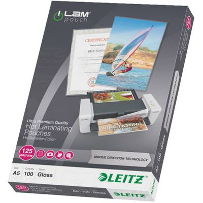 Verpakking voor Leitz lamineerhoes, 125 micron, A5-formaat, glanzend. Bevat afbeeldingen van gelamineerde documenten.