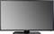 Een moderne flatscreen-tv met zwarte rand op een standaard. Het scherm is uitgeschakeld.