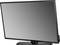 Een zwarte flatscreen-tv op een standaard, licht opzij gedraaid. Het scherm is uitgeschakeld.