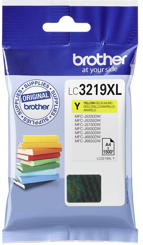 Verpakking van een gele inktcartridge LC3219XL van Brother, geschikt voor MFC-J5330DW, MFC-J5335DW, MFC-J5730DW, MFC-J5930DW, MFC-J6530DW, MFC-J6930DW.