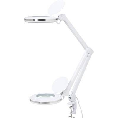 Witte tafellamp met verstelbare arm en geïntegreerde loep. Geschikt voor gedetailleerd werk en hobbyactiviteiten.