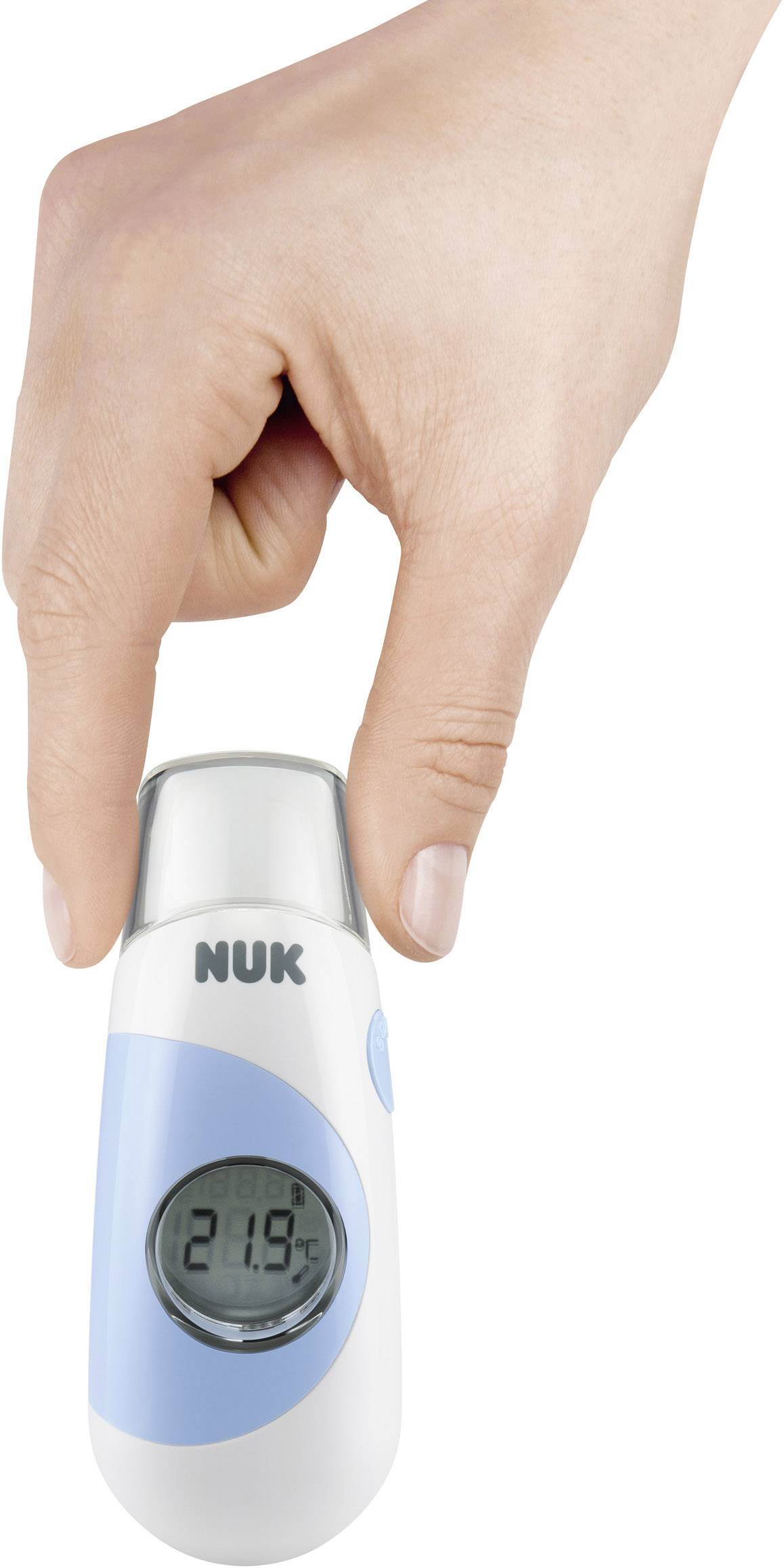 Een hand houdt een digitale thermometer vast die '21,9°C' aangeeft, met een blauwe en witte behuizing.